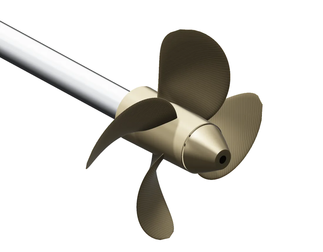 Bronze four-blade propeller fitted on a stainless steel propeller shaft