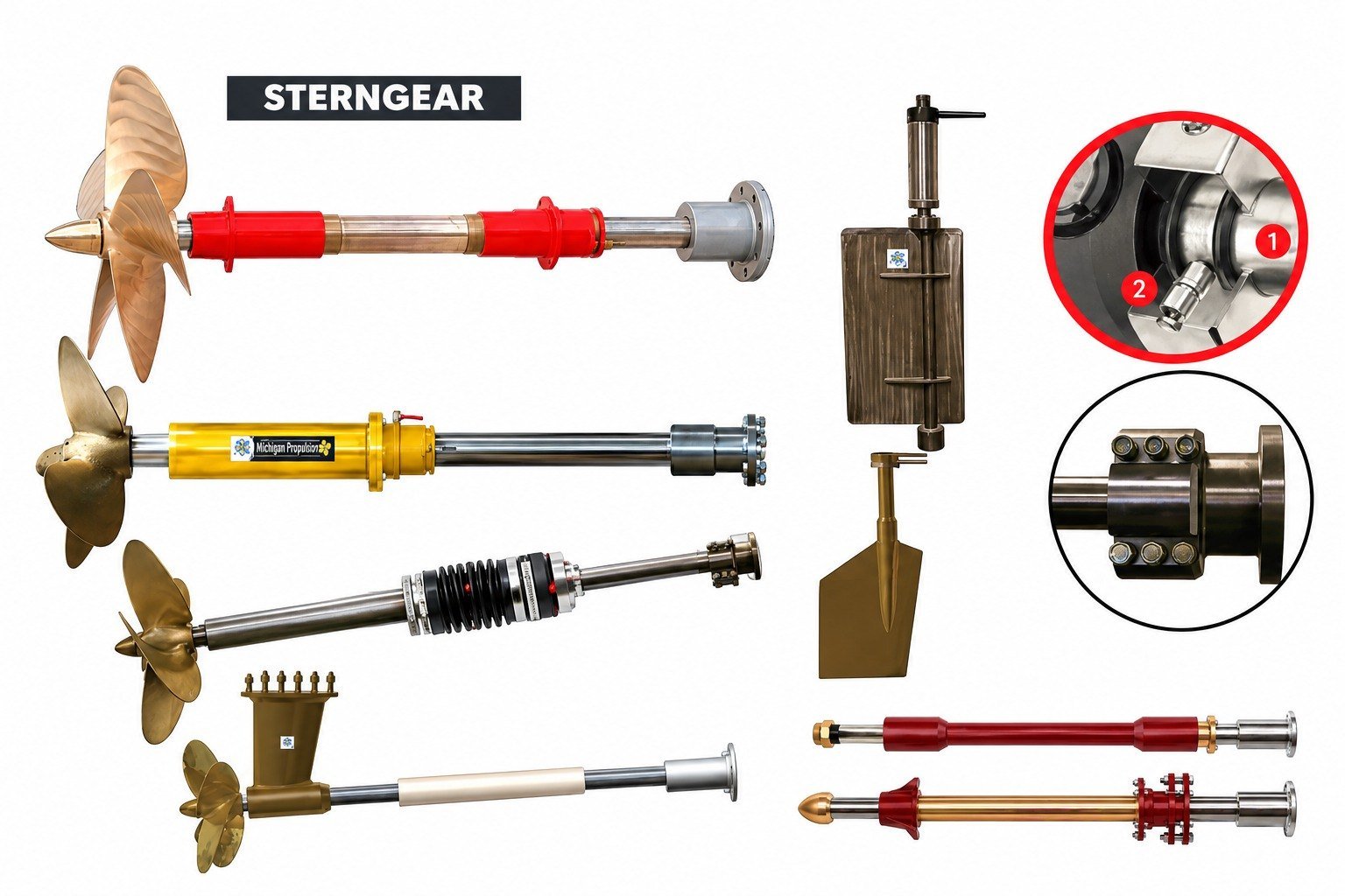 Michigan Propulsion stern gear assemblies: propellers on shafts with stern tubes, seals, couplings, a P-bracket and rudders
