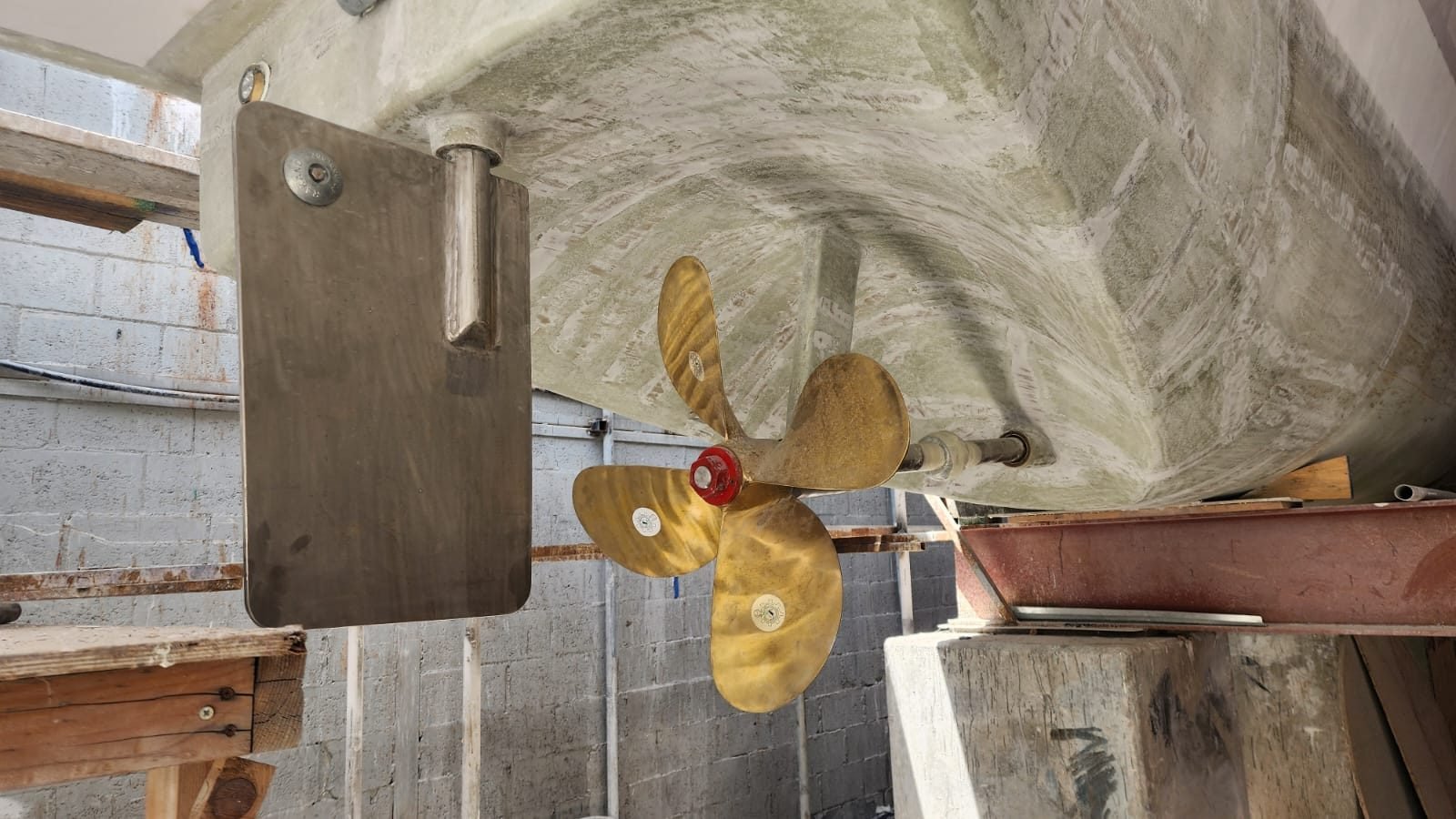Propeller and rudder installed on a GRP vessel