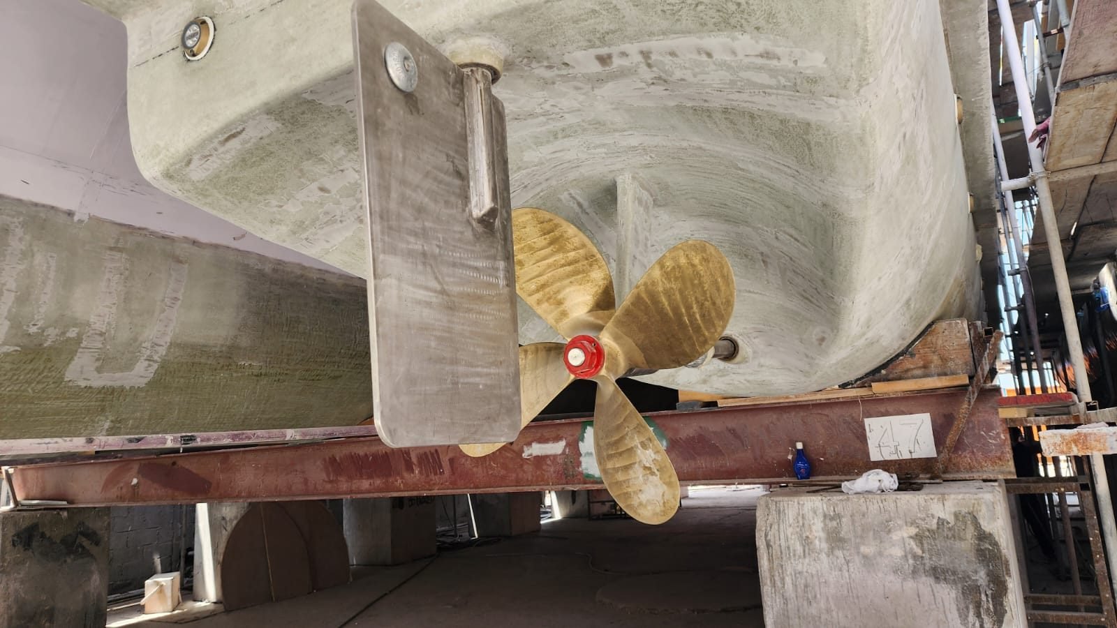 Rudder, shaft and propeller on a GRP vessel