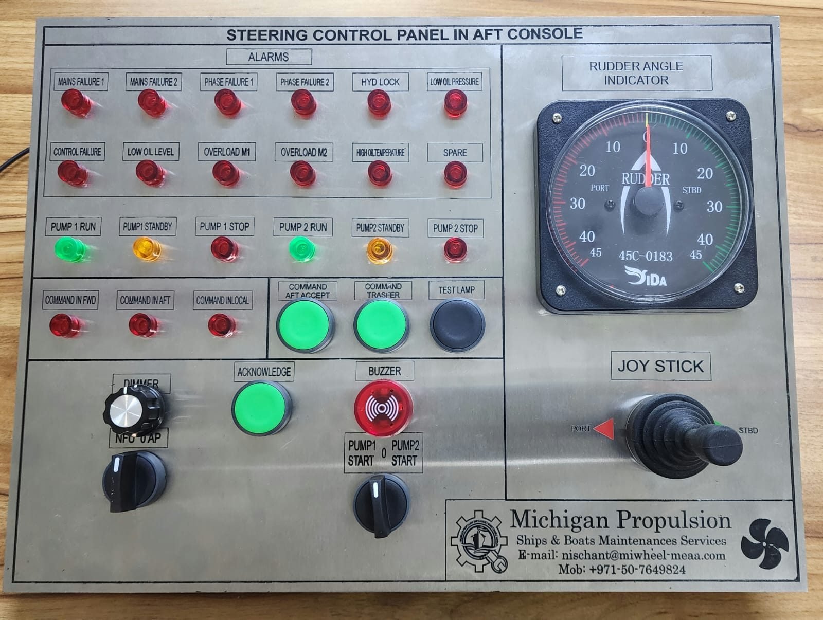 Michigan Propulsion steering control panel for an aft console, with rudder angle indicator and joystick