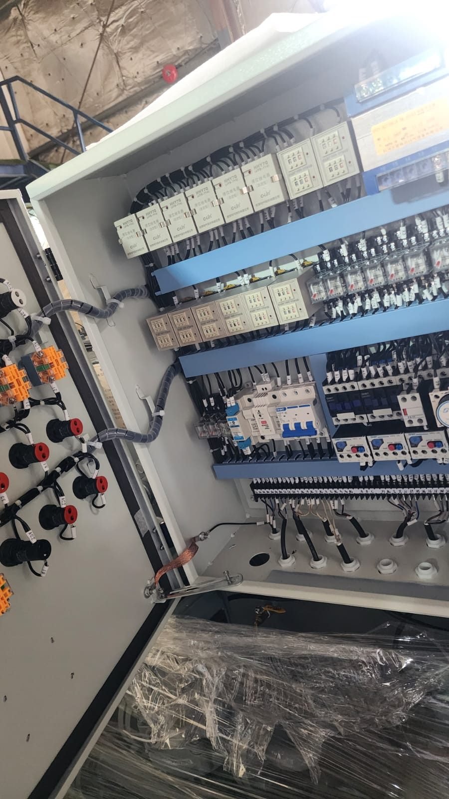 Wired control cabinet with breakers and terminal rails