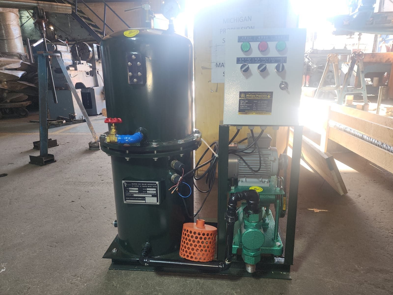 Sewage treatment plant with its tank, pump and control panel