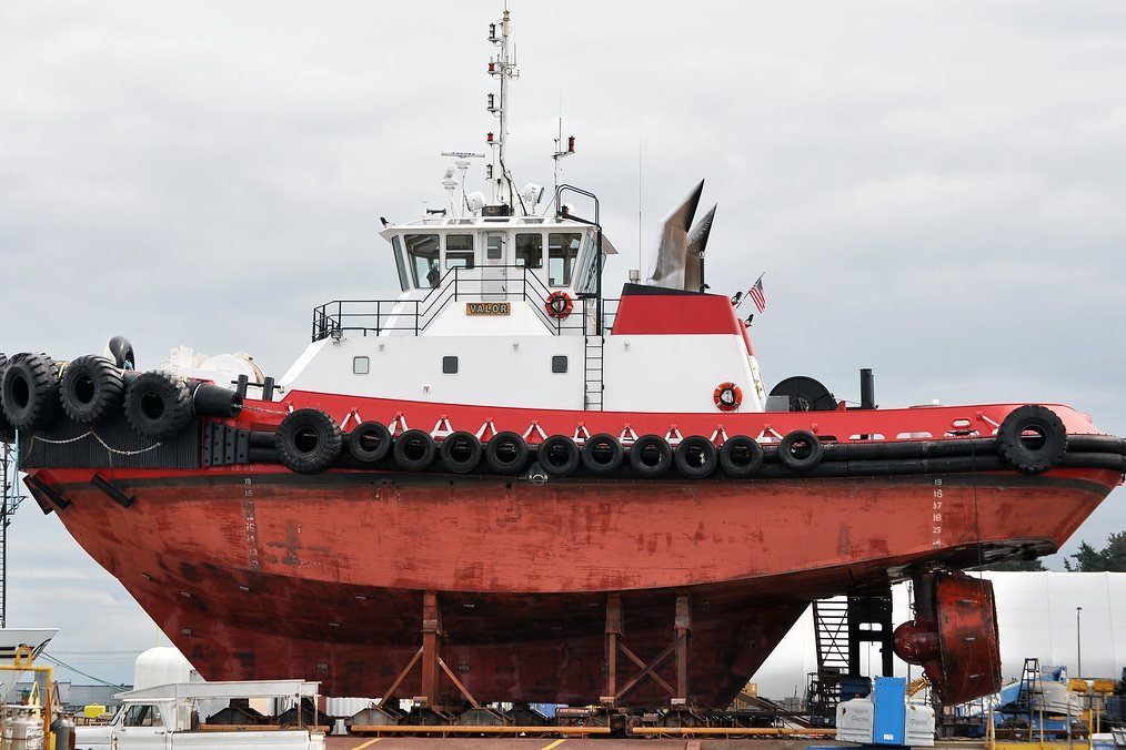 Tug out of the water in dry dock